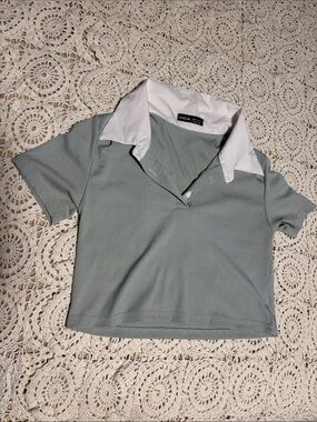 Sage Green Polo Top with White Collar